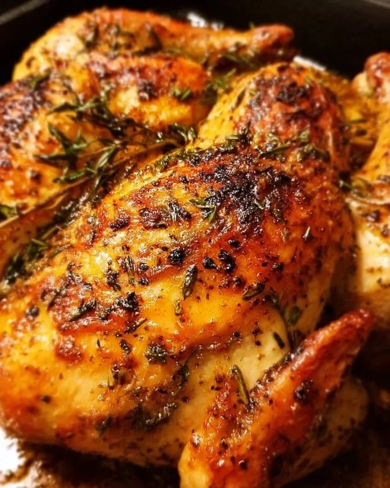 Ofen-geröstetes Spatchcock-Hühnchen serviert mit Kräutern und Beilagen.