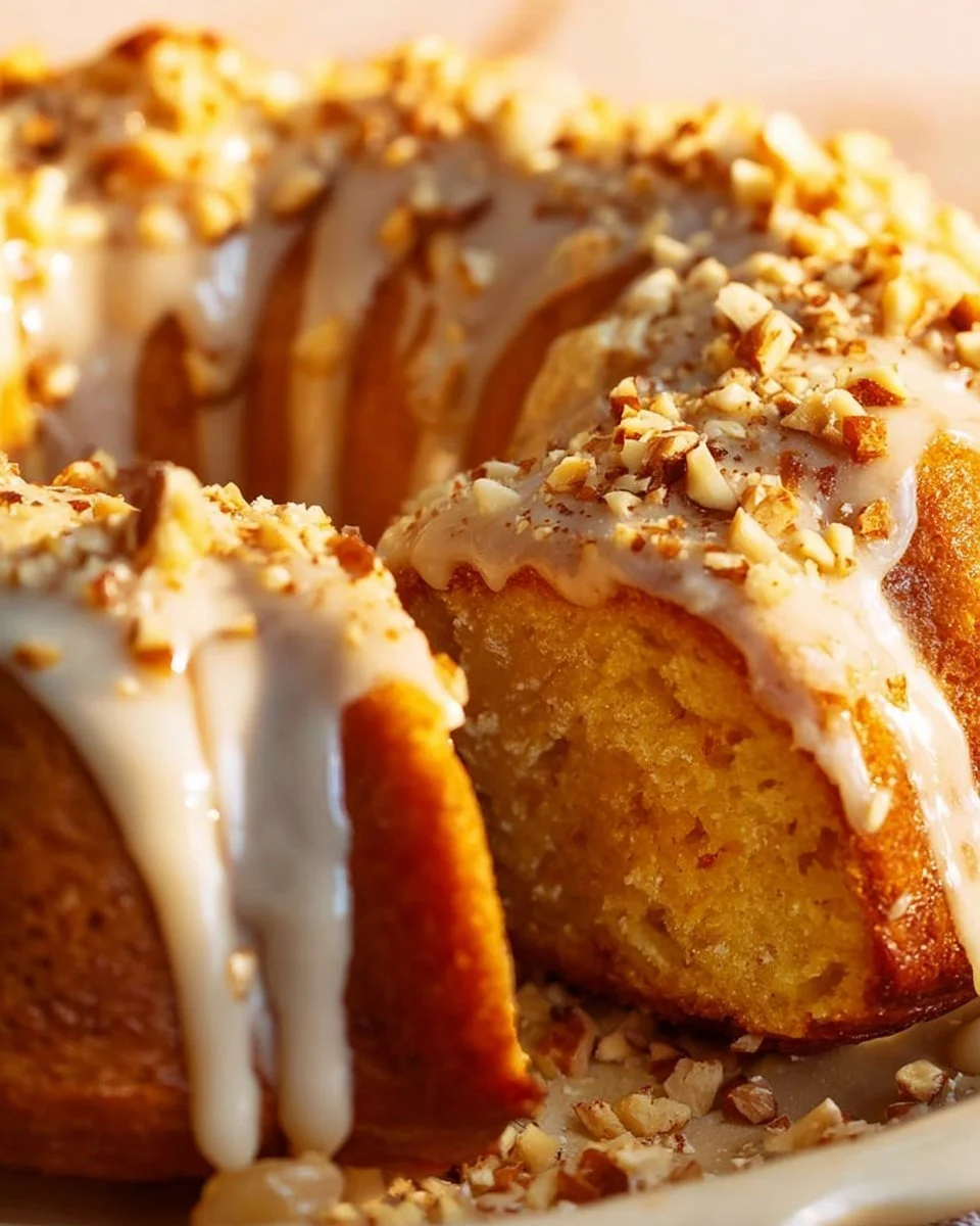 Pfirsich Cobbler Pound Cake mit Vanillecreme-Käsefrosting auf einem Teller