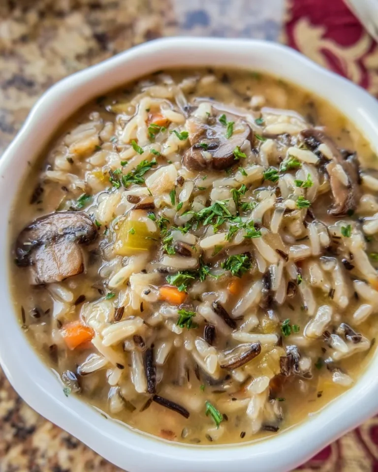 Schüssel mit Pilz- und Wildreis-Suppe, garniert mit frischen Kräutern.