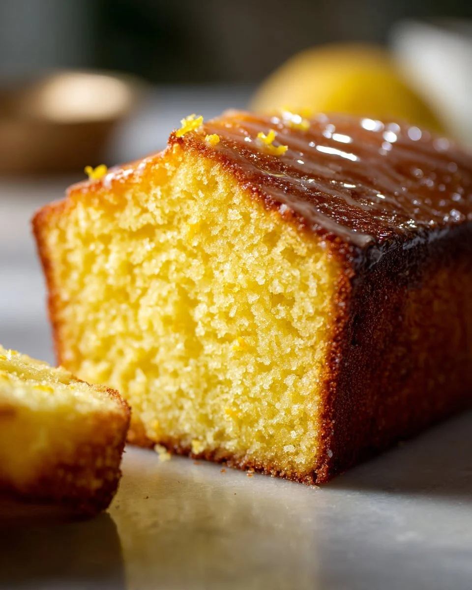 Poke-Zitronen-Pfundkuchen mit Zitronenscheiben auf einem weißen Teller