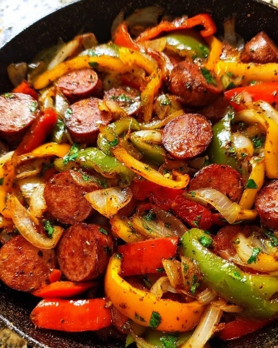 Räucher Rindfleisch-Würstchen und Paprika Pfanne