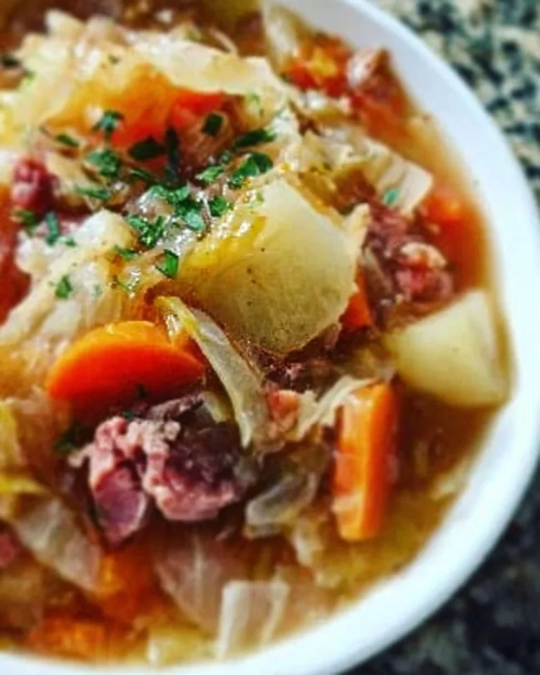 Schüssel mit Rindfleischsuppe und frischem Kohl