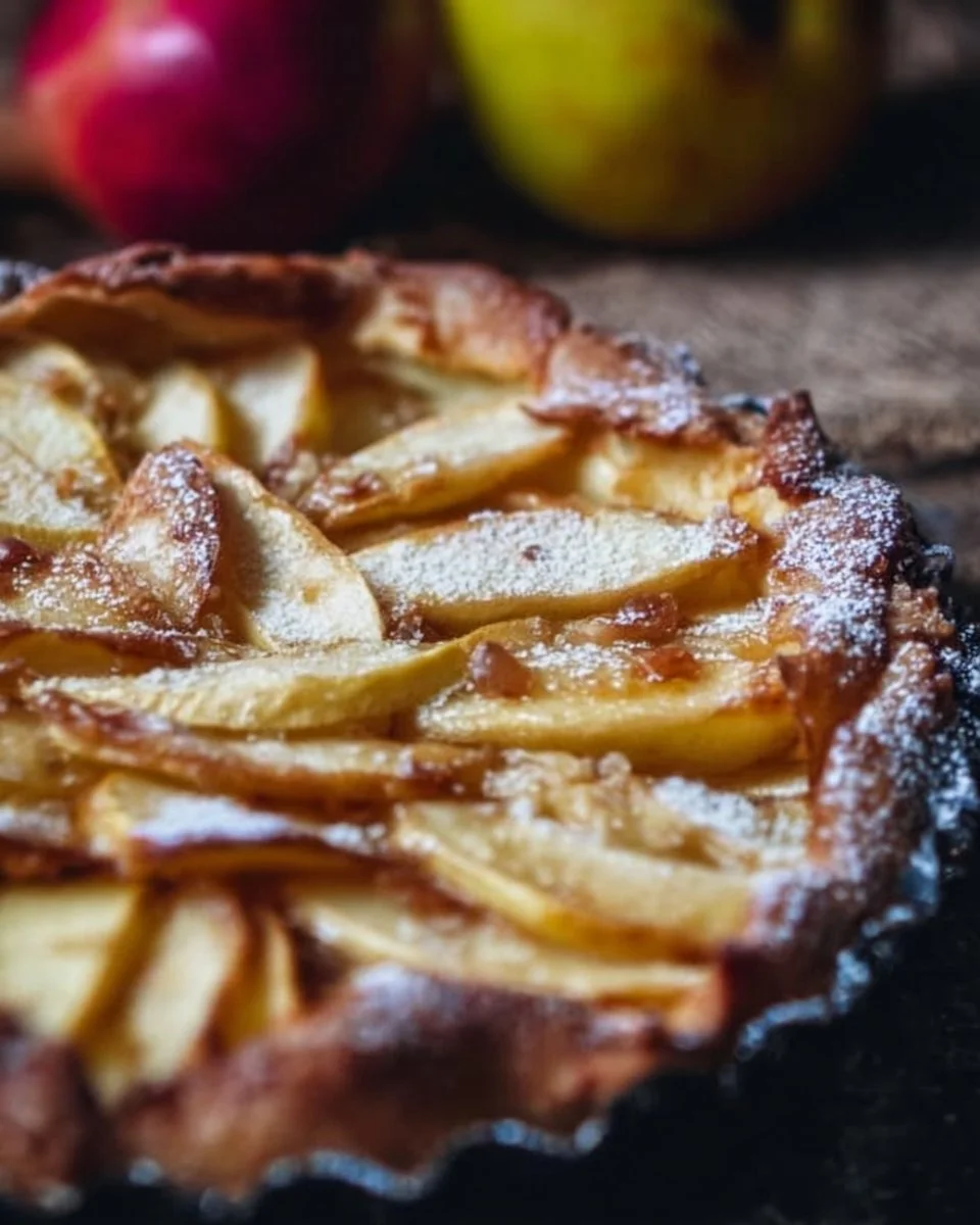 Rustikale Apfeltarte mit Äpfeln und Zimt, serviert auf einem Holzbrett.
