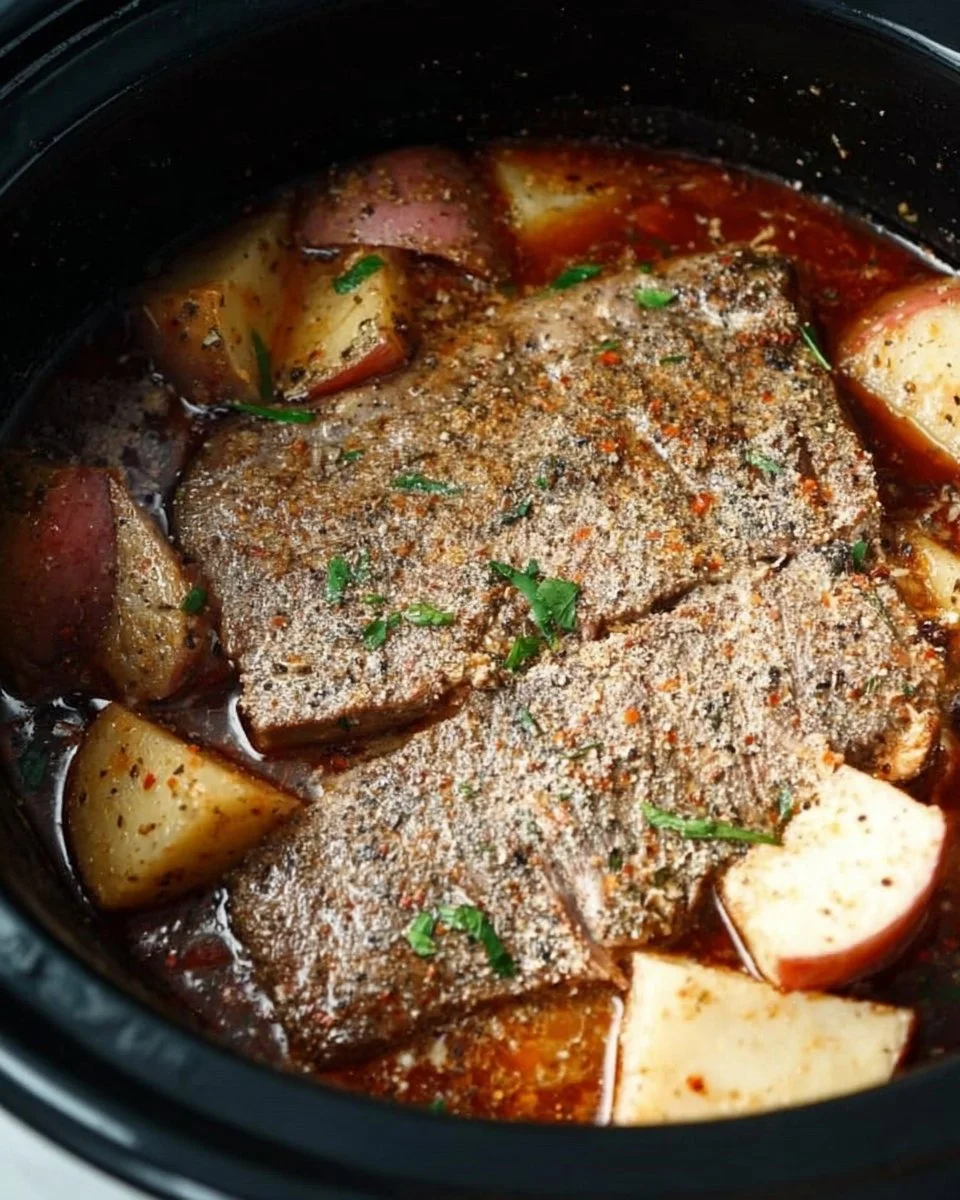 Schmortopf Steak mit Gemüse und Kräutern, perfekt für ein herzhaftes Essen.