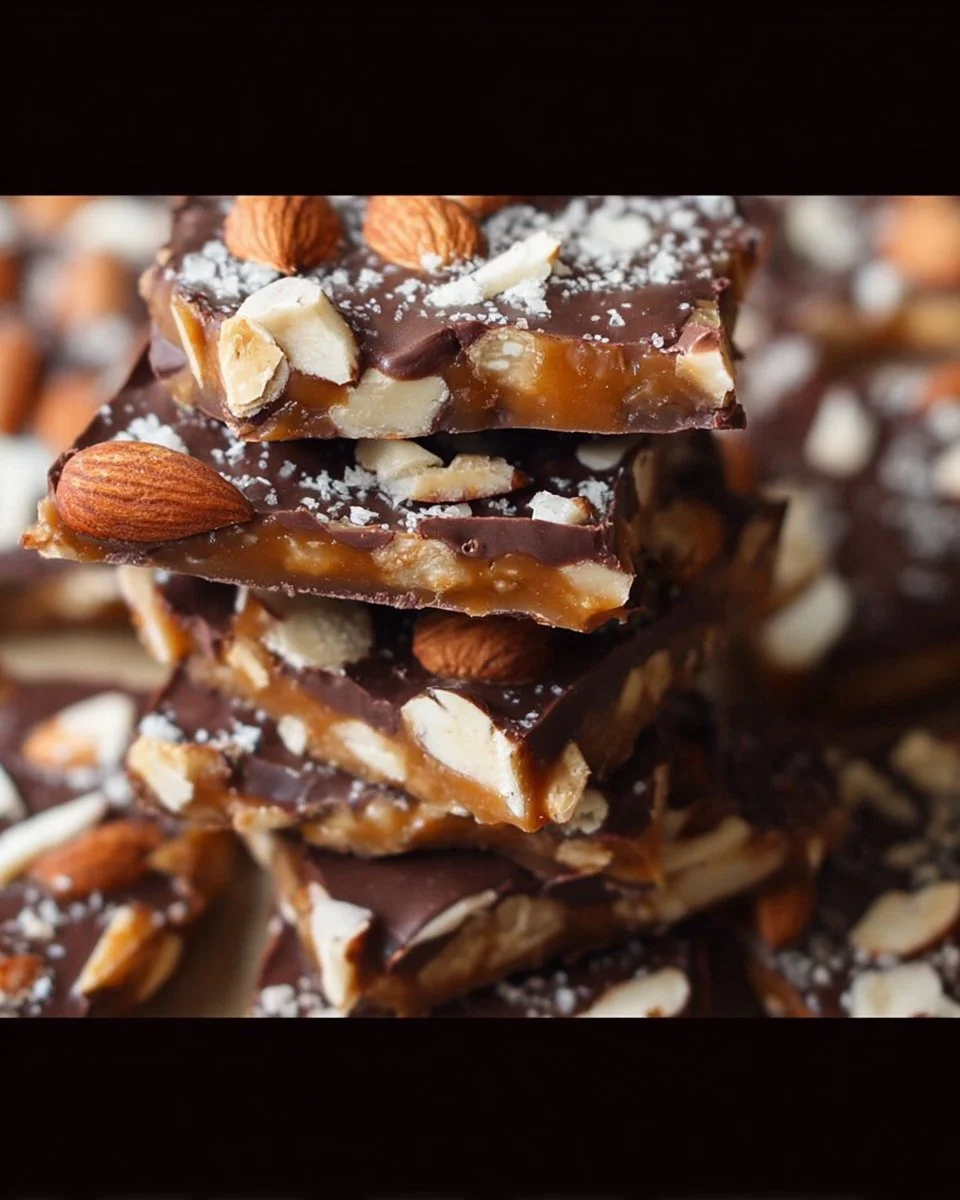Schokoladen-Almond-Toffee auf einem dekorativen Teller
