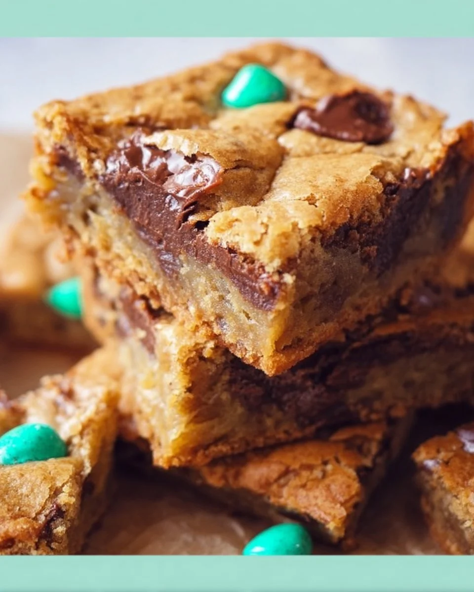 Leckere Schokoladen-Ei-Blondies auf einem Holzbrett serviert