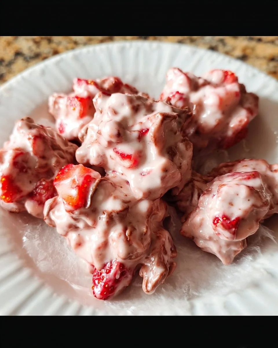 Leckere Schokoladen-Erdbeer-Joghurt-Cluster auf einem Teller serviert