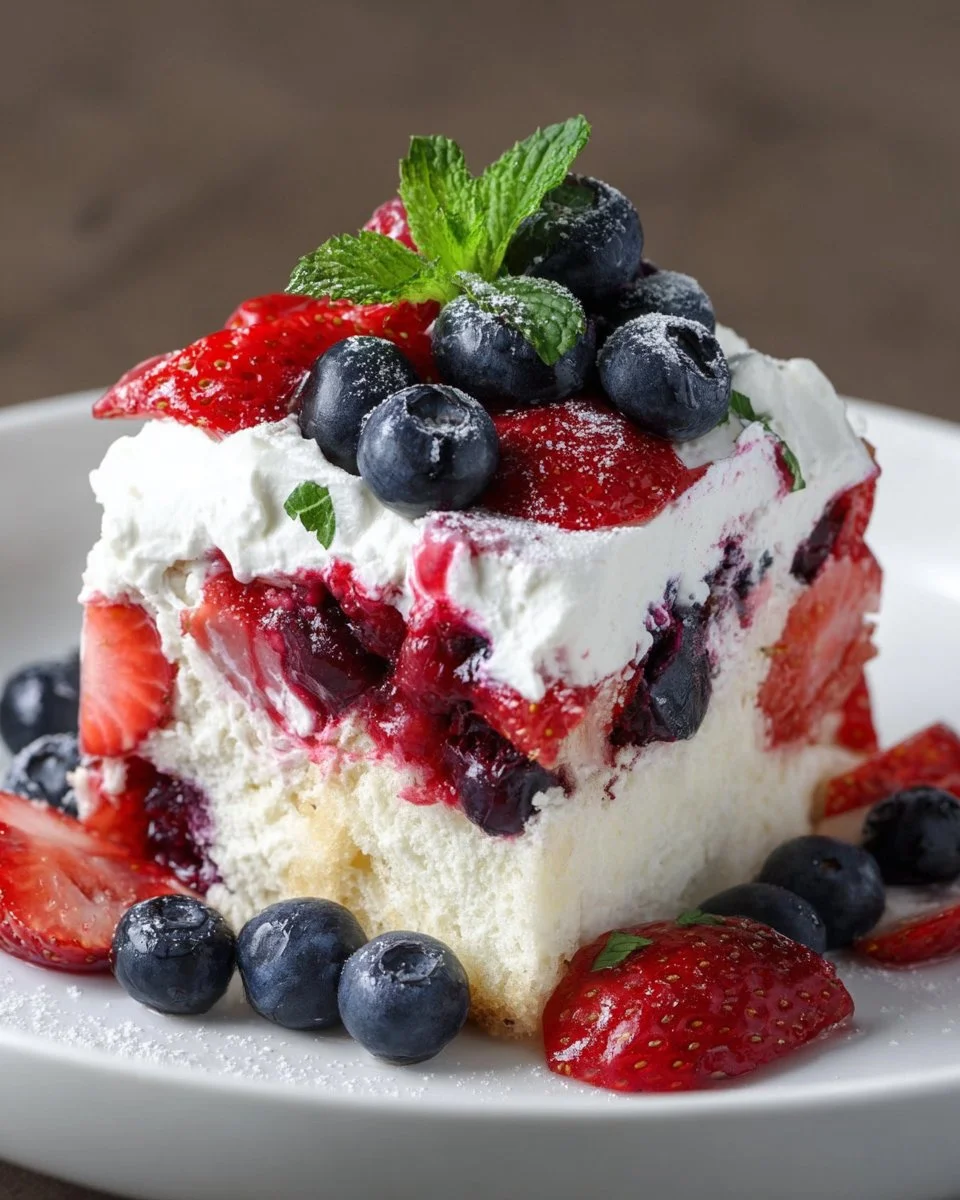 Saftiger Sommerbeeren-Poke-Kuchen mit frischen Beeren und Sahne