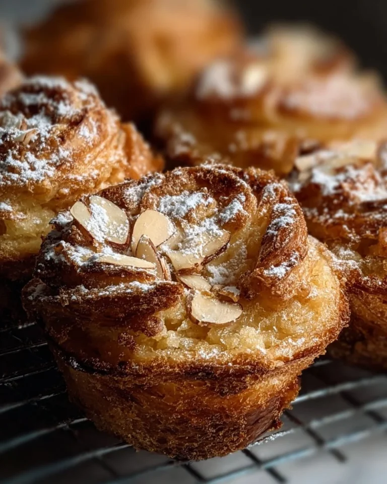 Freshly baked sourdough almond cruffins on a wooden table.