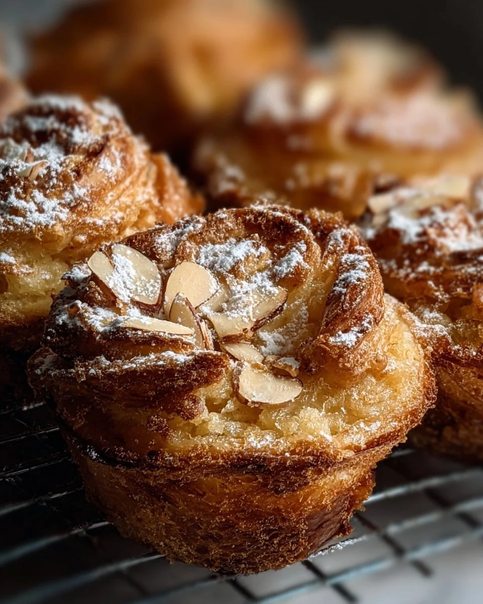 Freshly baked sourdough almond cruffins on a wooden table.