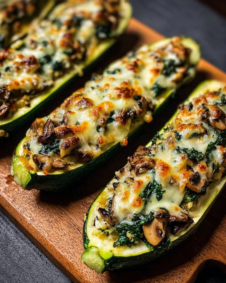 Gefüllte Zucchini-Boote mit Spinat, Pilzen und Ricotta auf einem Teller.