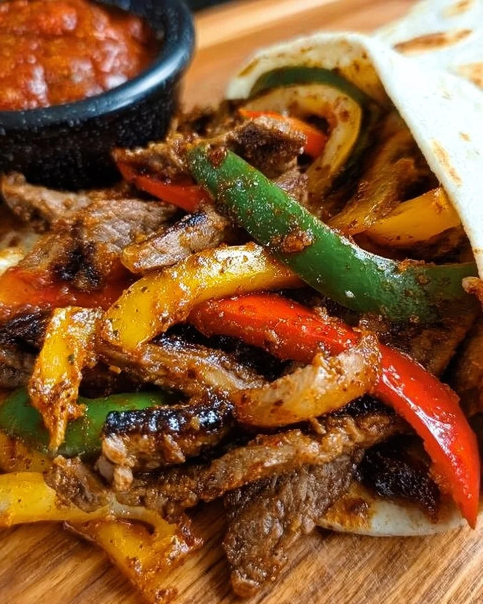 Leckere Steak Fajitas mit frischem Gemüse und Gewürzen auf einem Teller