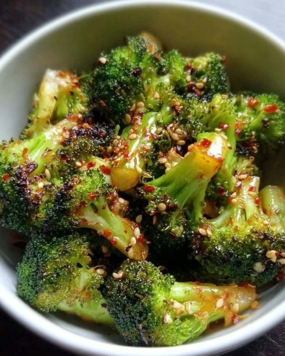 Süßscharfer gerösteter Brokkoli auf einem Teller, garniert mit Gewürzen