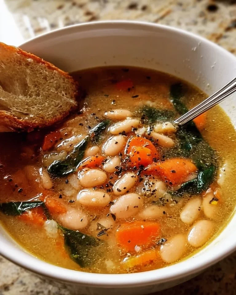 Toskanische weiße Bohnensuppe in einer Schüssel mit frischen Kräutern garniert.