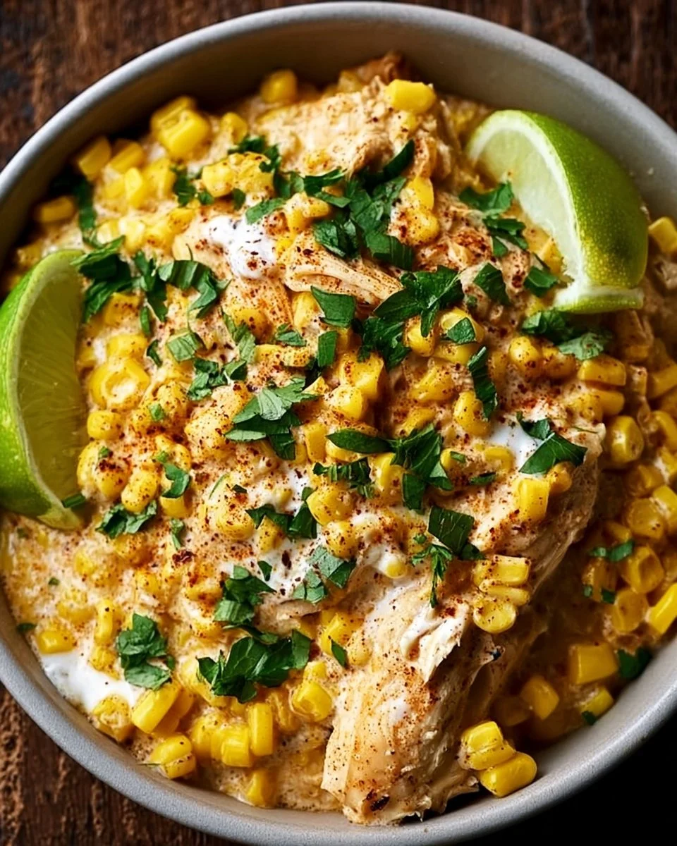 Ultimate Slow Cooker Street Corn Chicken dish in a slow cooker.