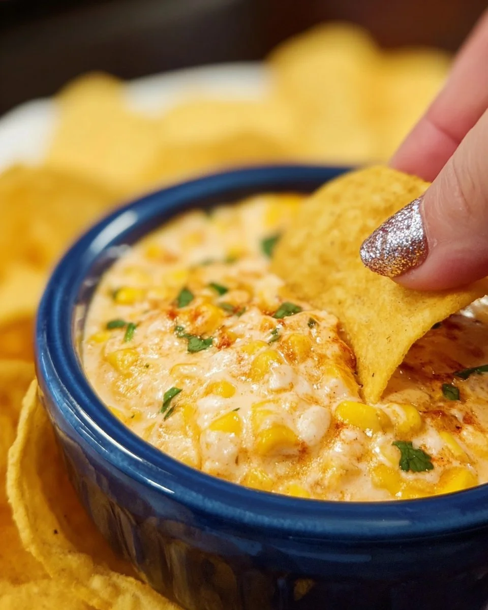 Wärmerer Mais-Dip in einer Schüssel serviert mit Tortilla-Chips.
