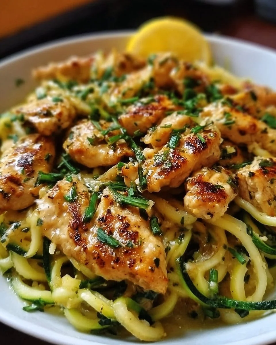 Zucchini-Nudeln mit Zitronen-Knoblauch-Hühnchen auf einem Teller serviert
