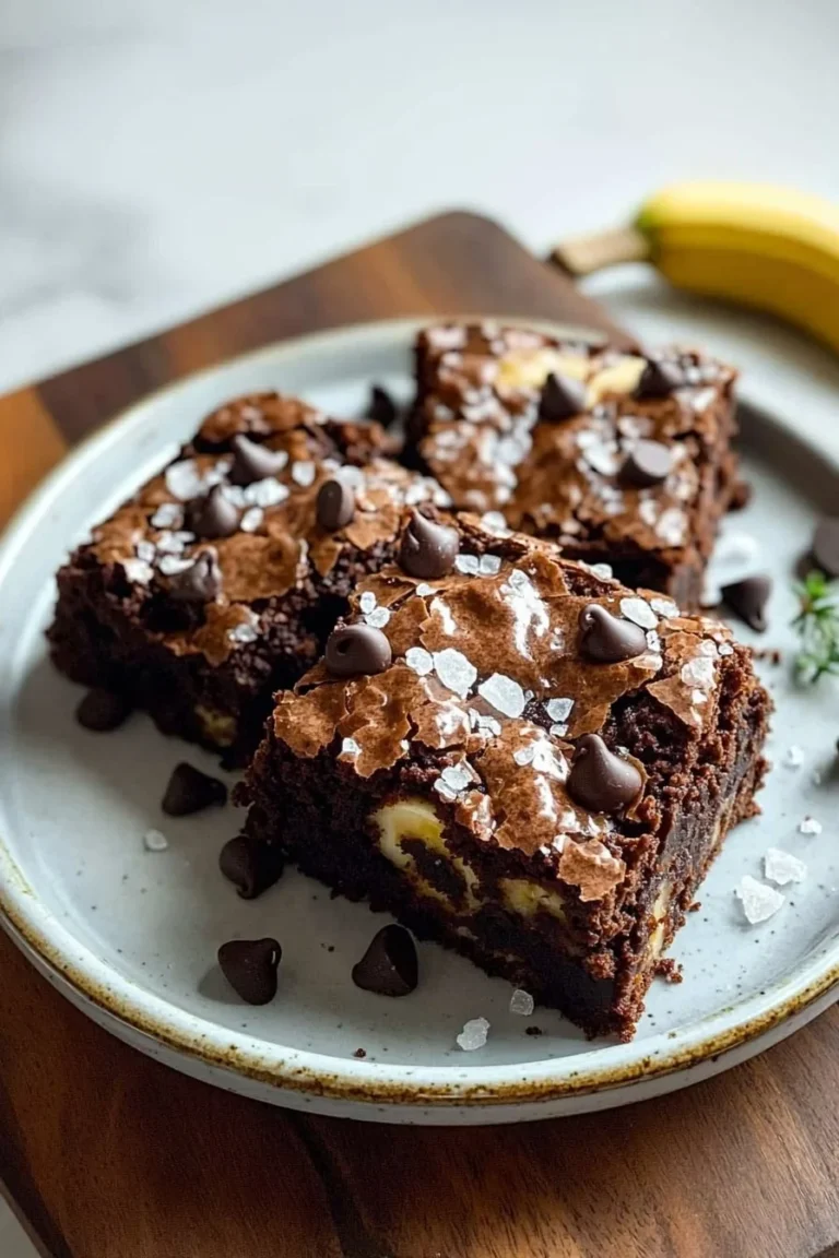 Leckere Bananenbrot-Brownies auf einem Teller dekoriert mit Schokolade