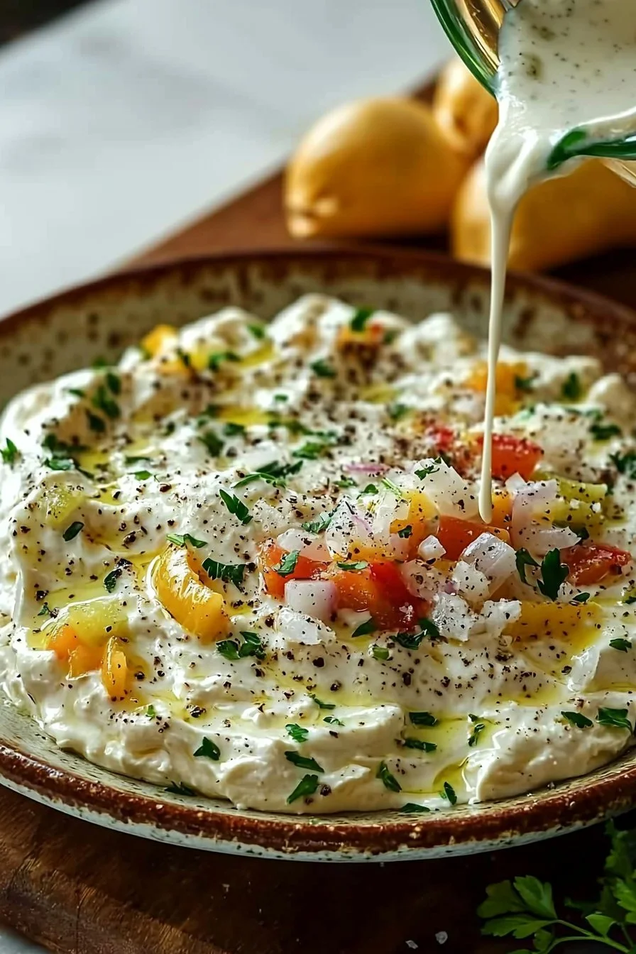 Bayrischer Party-Käseaufstrich auf einem rustikalen Tisch serviert.