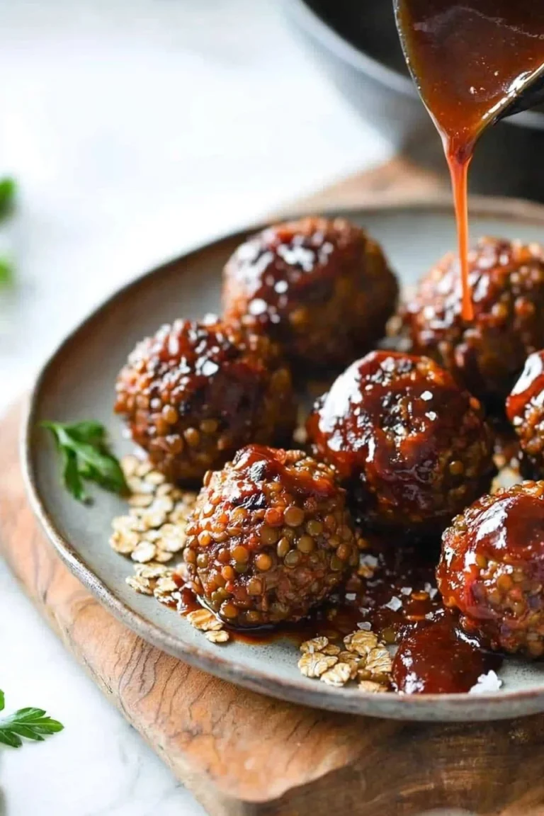 Leckere BBQ Linsenfleischbällchen auf dem Grill serviert.