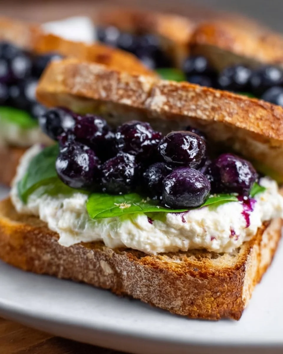 Blaubeer-Basilikum-Ziegenkäse-Toast auf einem Teller serviert