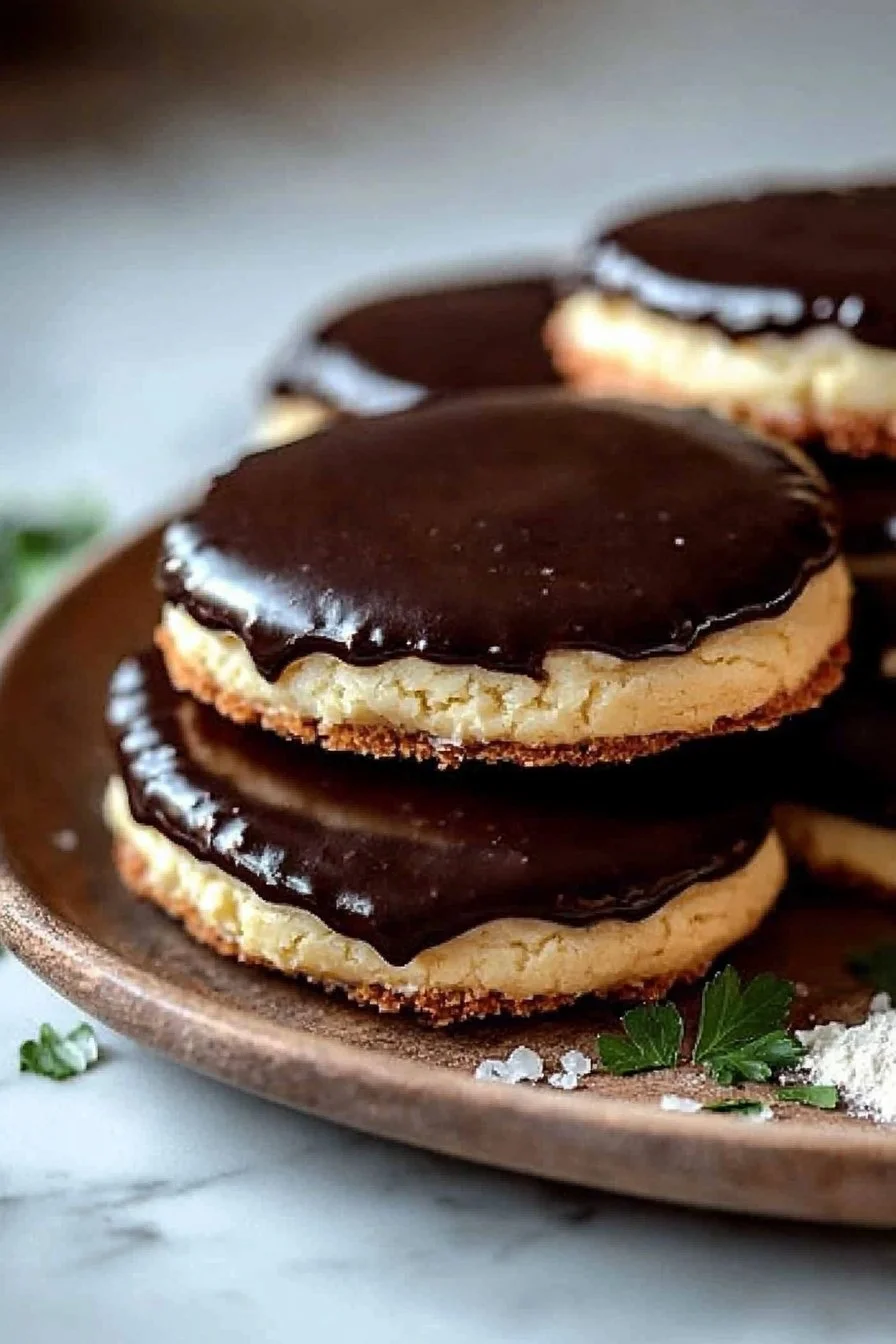 Leckere Boston Cream Pie Kekse mit Schokoladenglasur und Vanillefüllung.