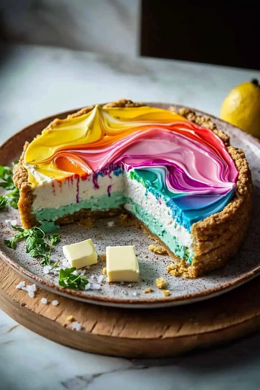 Bunter Regenbogen-Käsekuchen mit verschiedenen Farben und Schichten