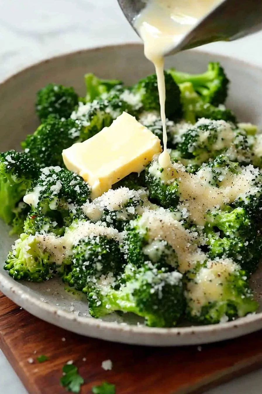 Butter-Parmesan-Brokkoli mit geschmolzener Butter und geriebenem Parmesan