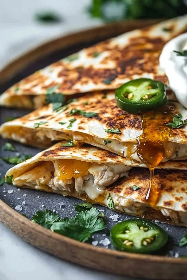 Heißes Honig-Hühnchen-Quesadilla mit würziger Jalapeño-Cremesauce