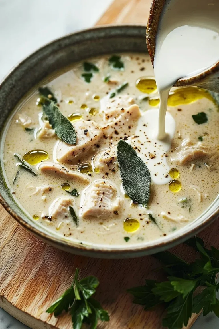 Cremige Knoblauch- und Salbei-Hühnchensuppe in einer Schüssel serviert.