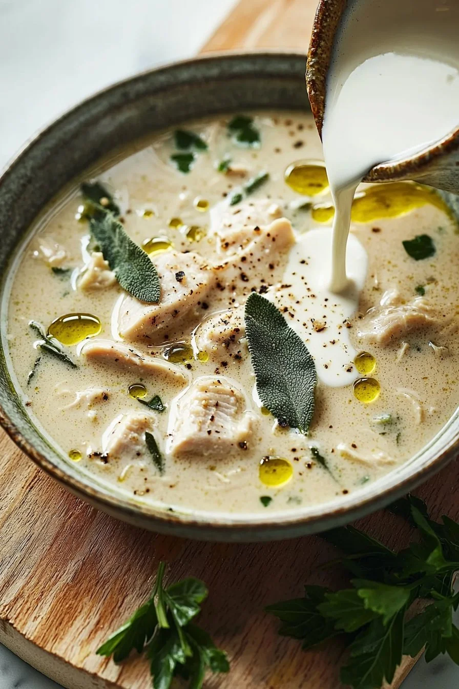Cremige Knoblauch- und Salbei-Hühnchensuppe in einer Schüssel serviert.