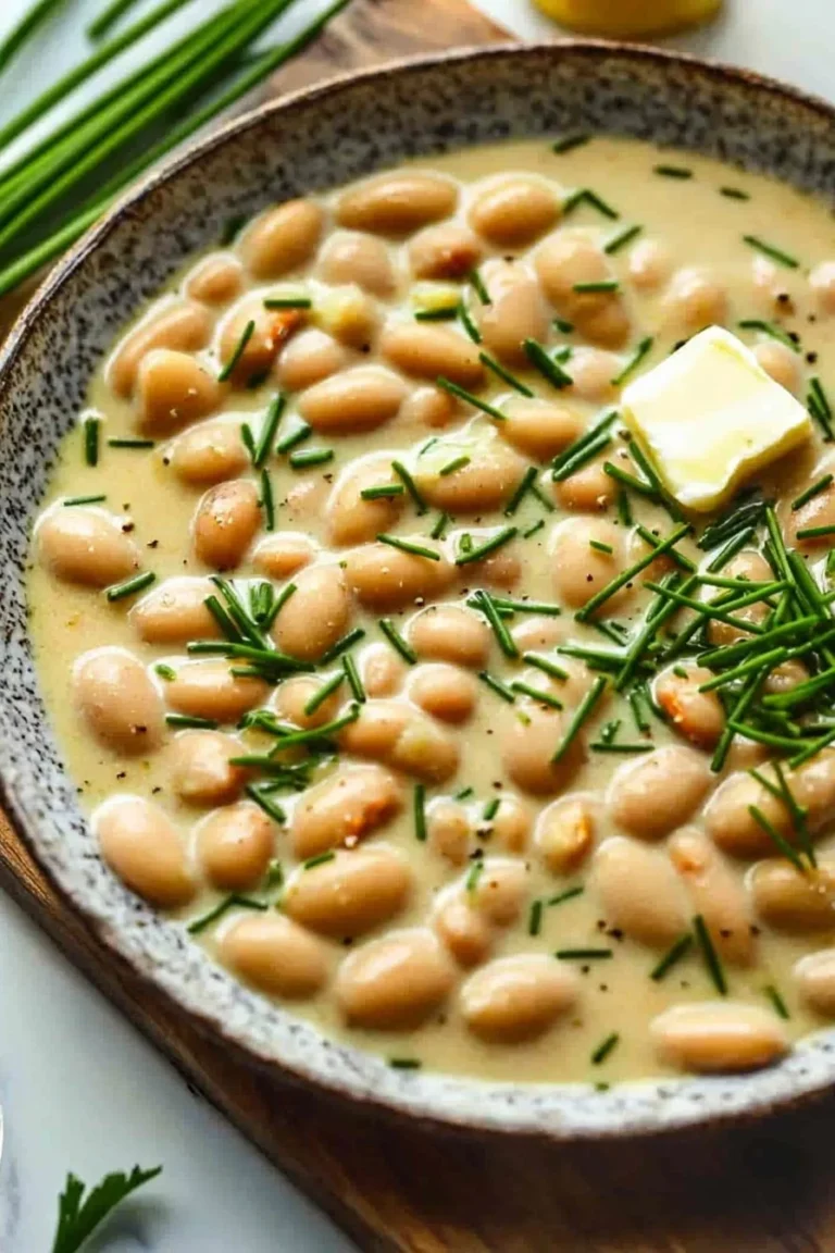 Cremige Miso-Butterbohnen in einer weißen Schüssel mit frischen Kräutern garniert.