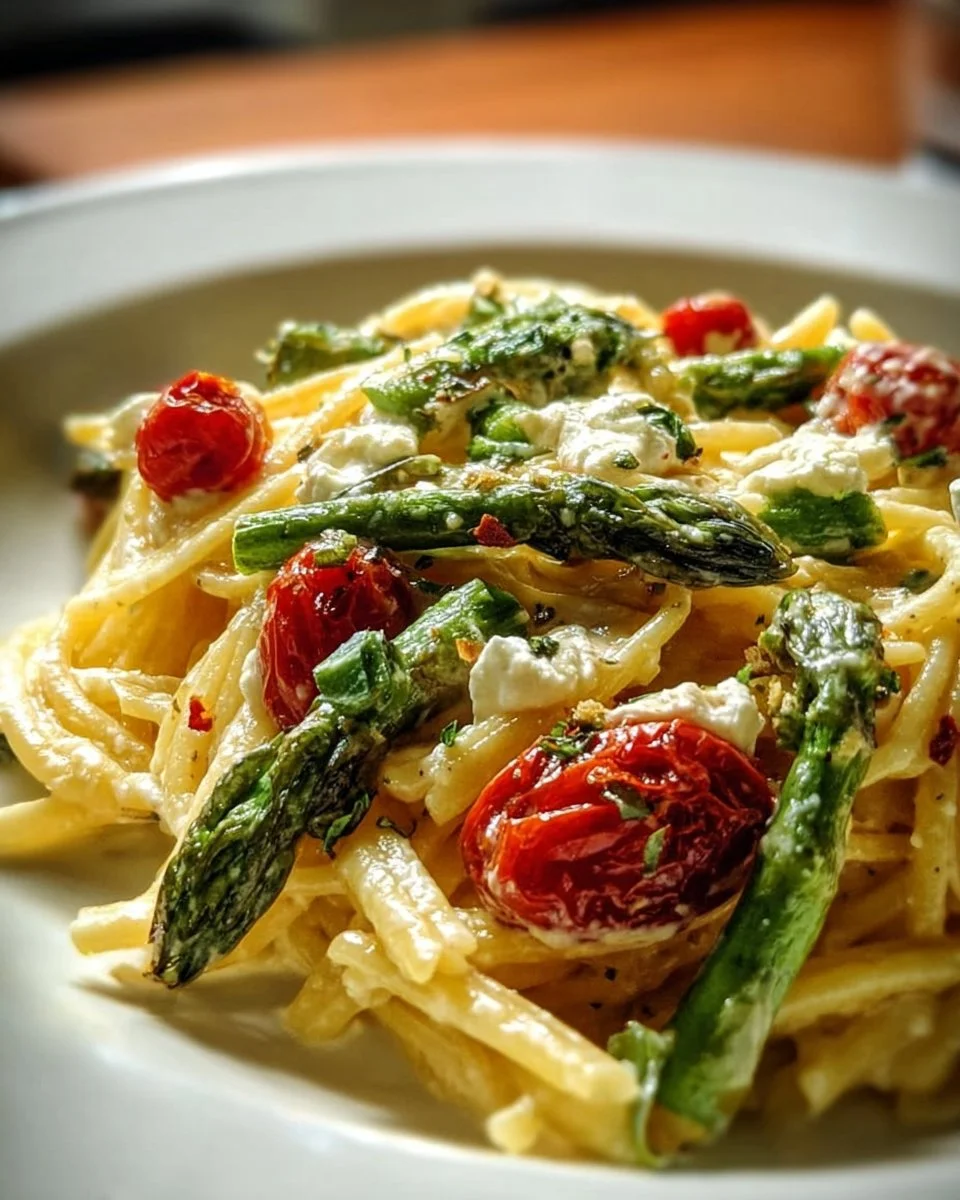 Cremige Spargel Pasta mit Ricotta und Kirschtomaten