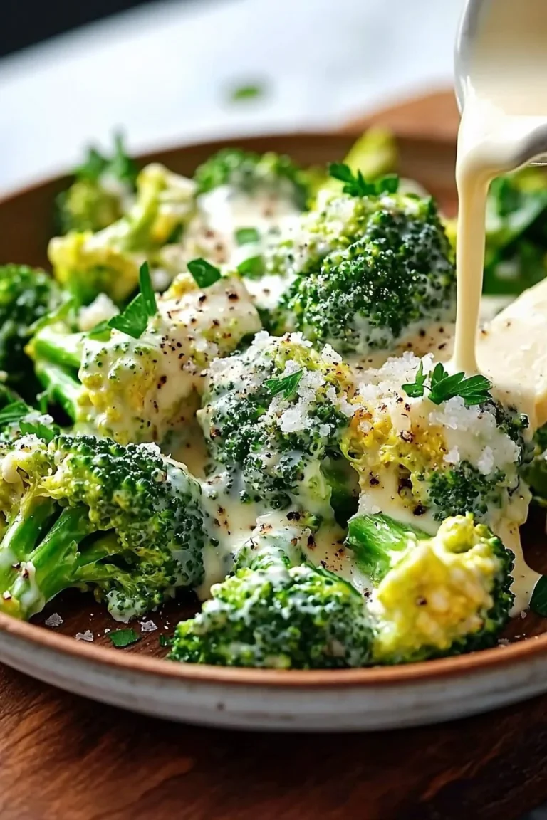 Cremiger Knoblauch-Parmesan-Brokkoli auf einem Teller serviert