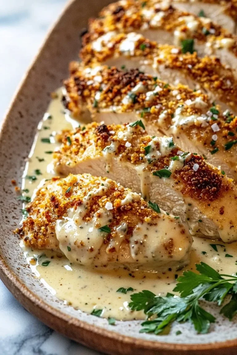 Cremiges Parmesan-gebackenes Caesar-Hähnchen auf einem Teller angerichtet