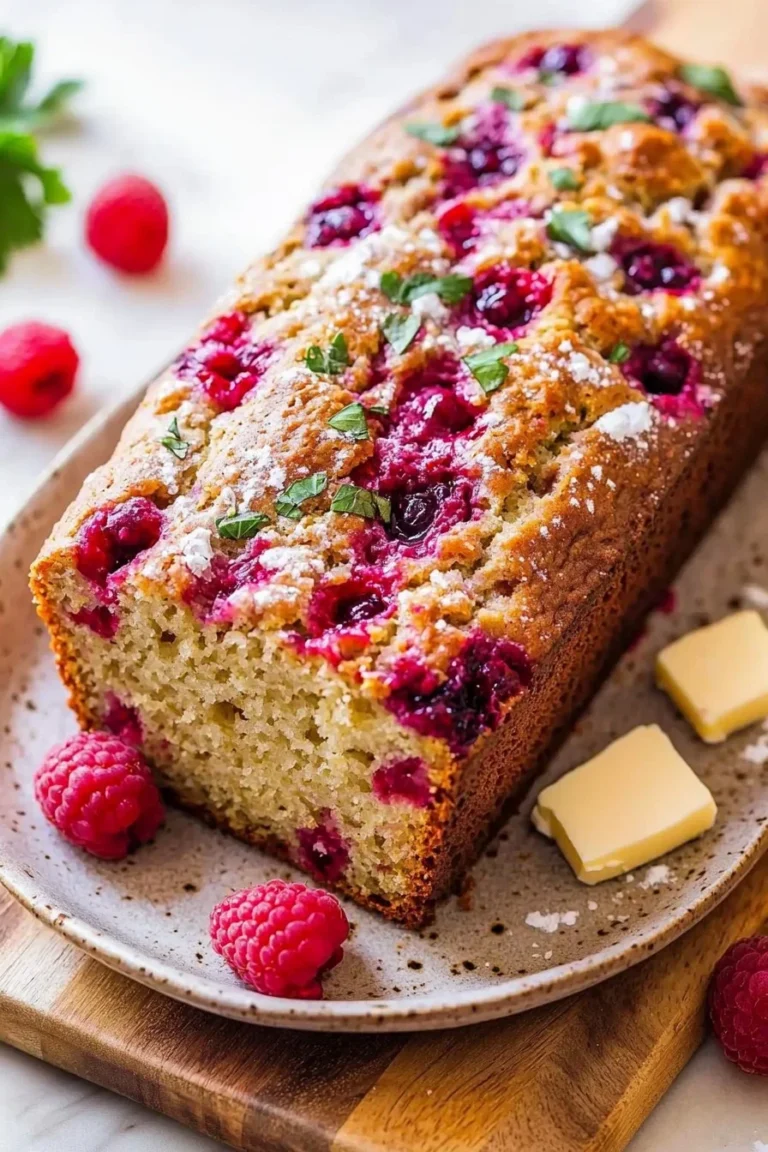 Himbeerbrot mit frischen Himbeeren auf einem Holzbrett