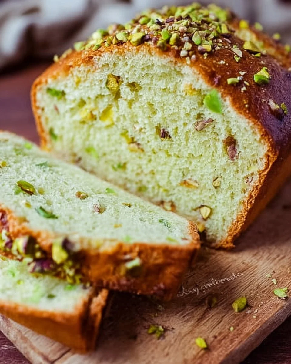 Eine Scheibe frisches Pistazienbrot auf einem Holzbrett