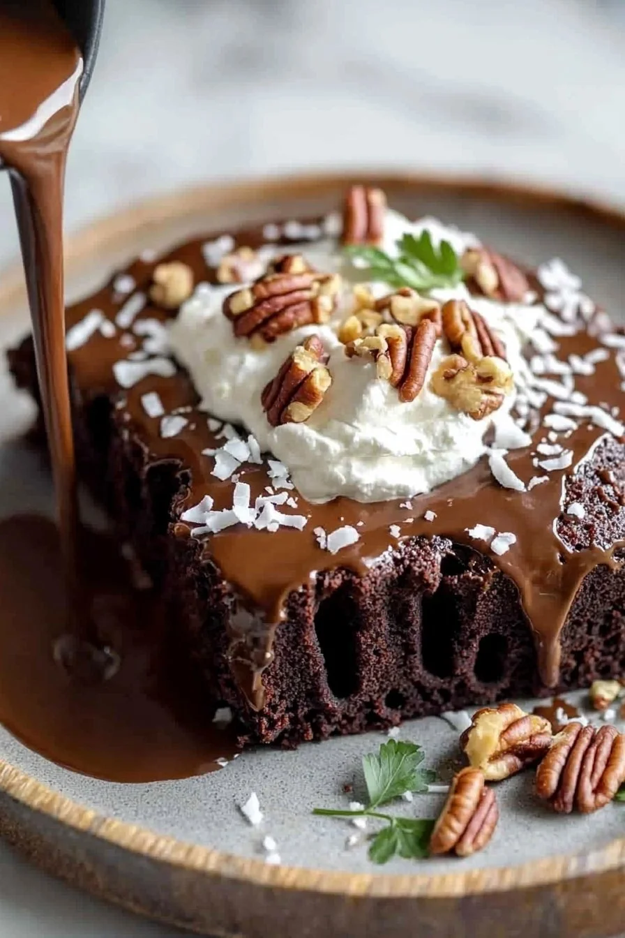 Deutscher Schokoladen-Poke-Kuchen mit schokoladiger Soße und frischer Dekoration