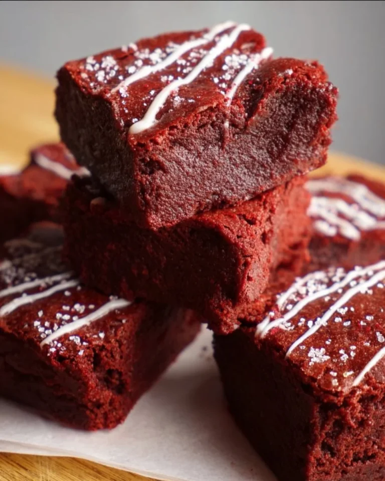 Fudgy Red Velvet Brownies auf einem Teller garniert mit Cream Cheese Frosting.