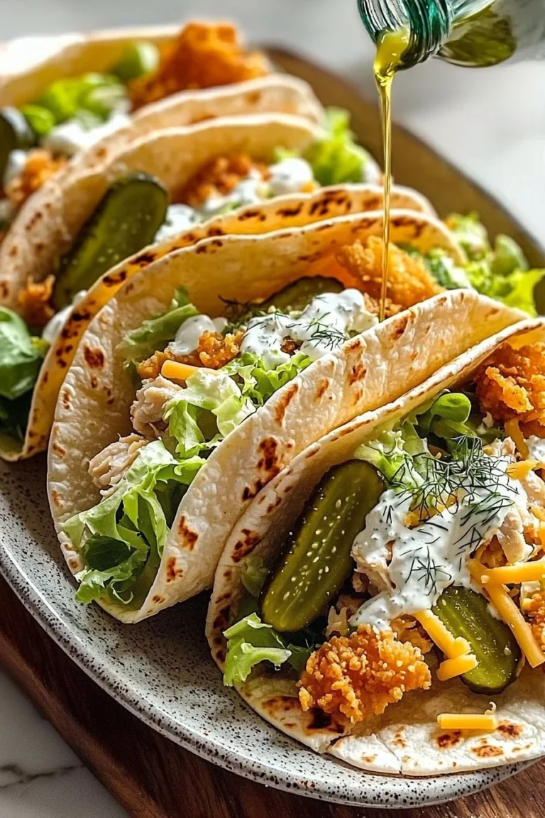 Dillgurken-Ranch-Smashed-Chicken-Tacos mit knusprigem Käse auf einem Teller.