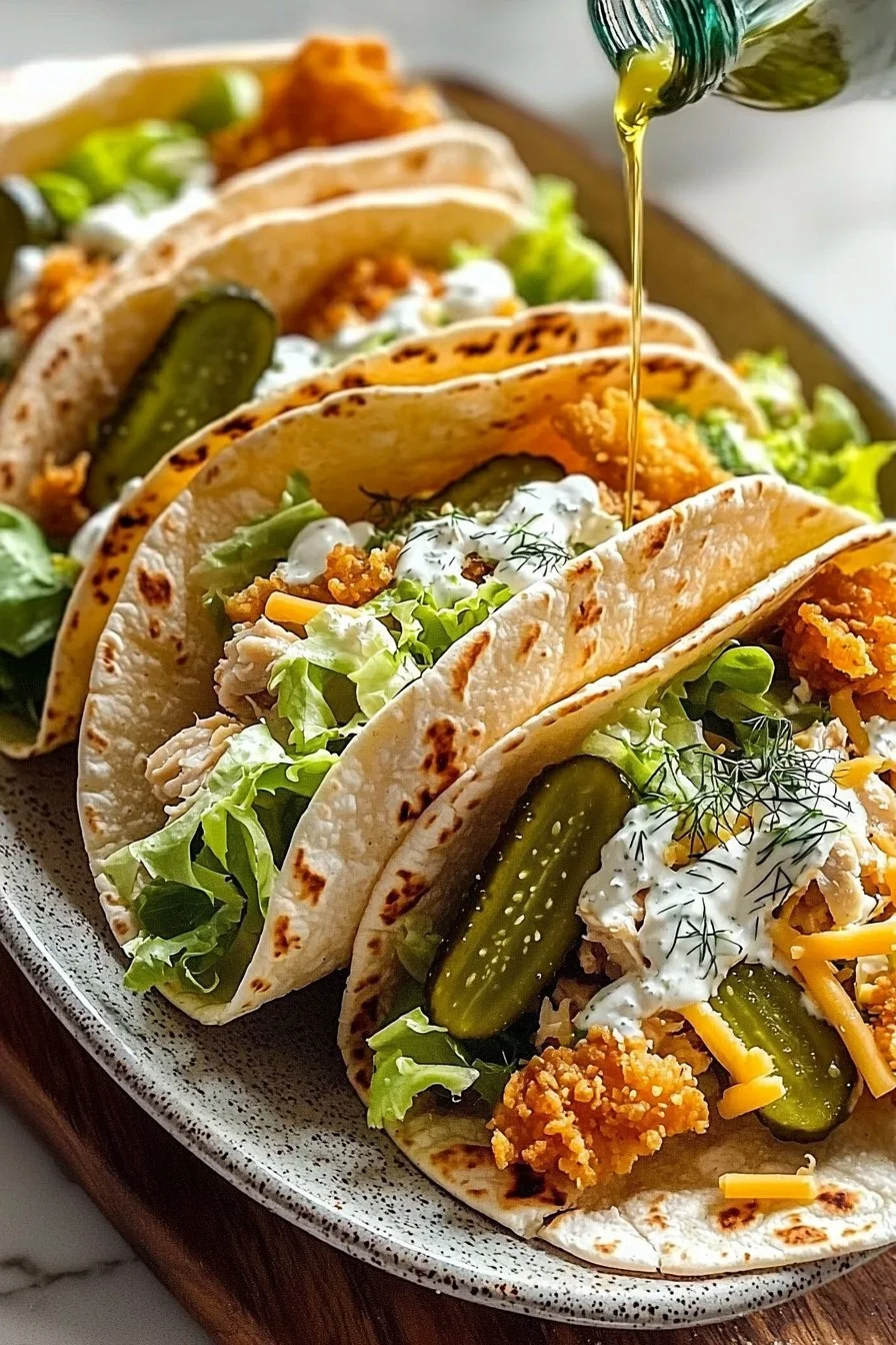 Dillgurken-Ranch-Smashed-Chicken-Tacos mit knusprigem Käse-Genuss