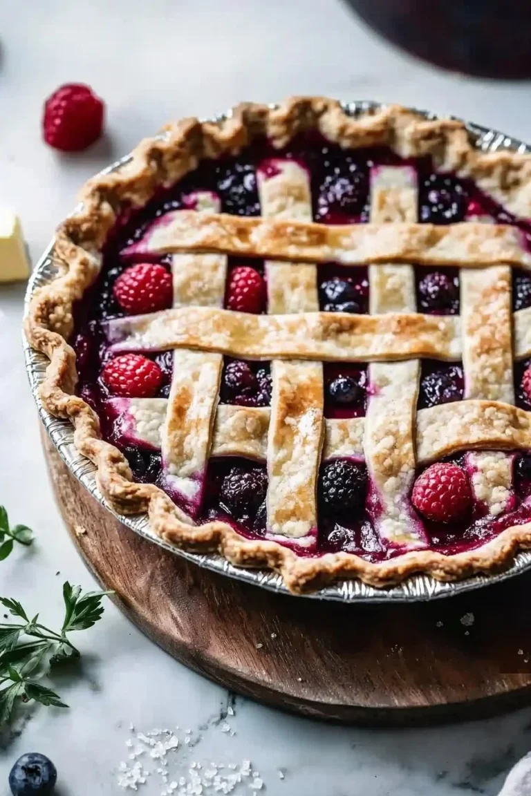 Dreifach-Beeren-Pie mit frischen Beeren auf einem Teller