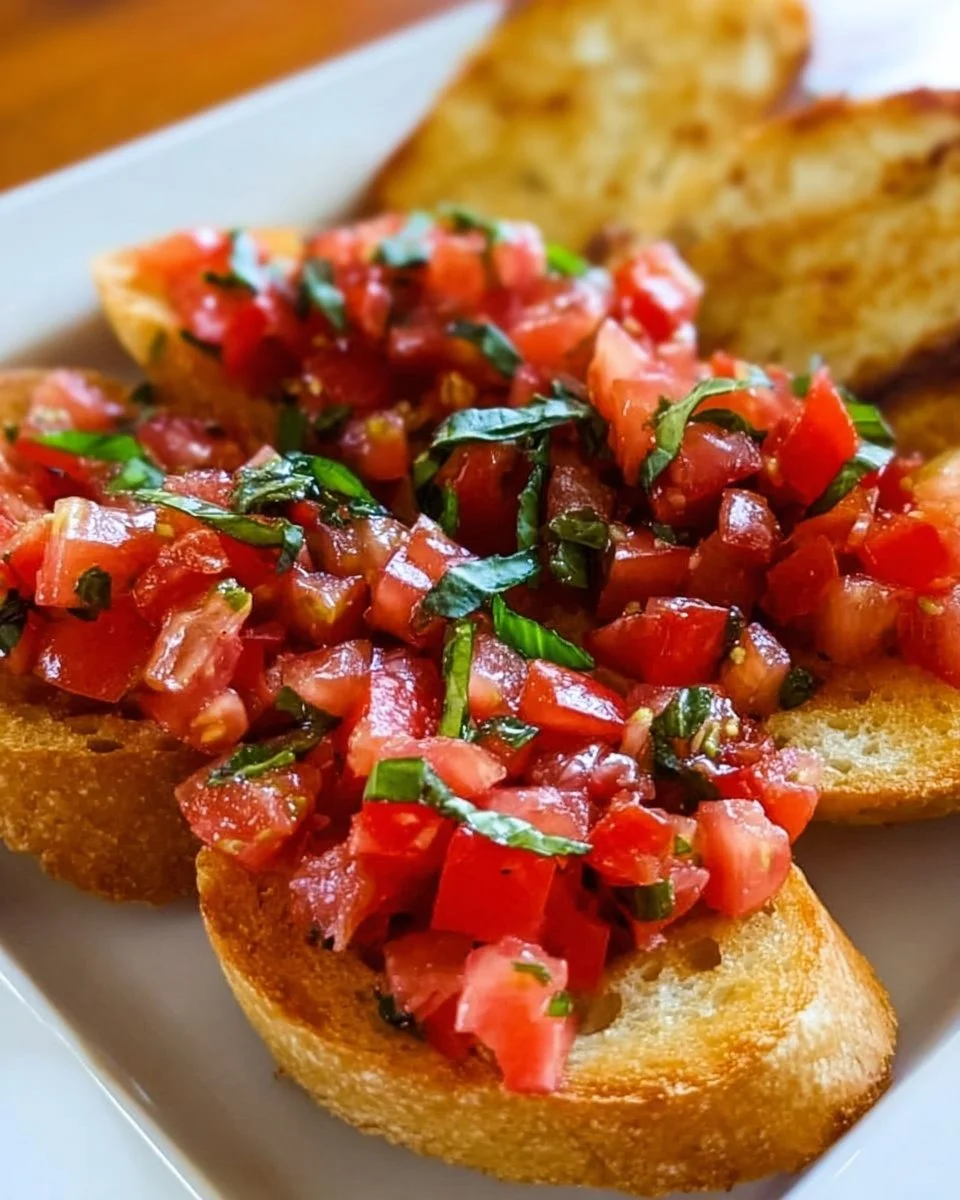 Einfaches Bruschetta Rezept mit Tomaten und Basilikum auf knusprigem Brot