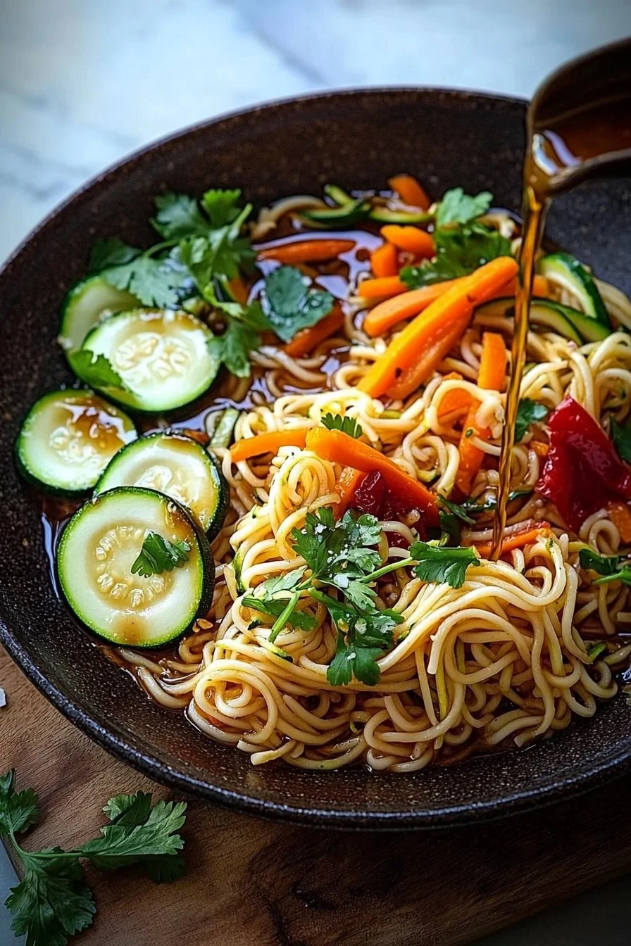 Einfache gewürzte Nudeln mit buntem Gemüse auf einem Teller