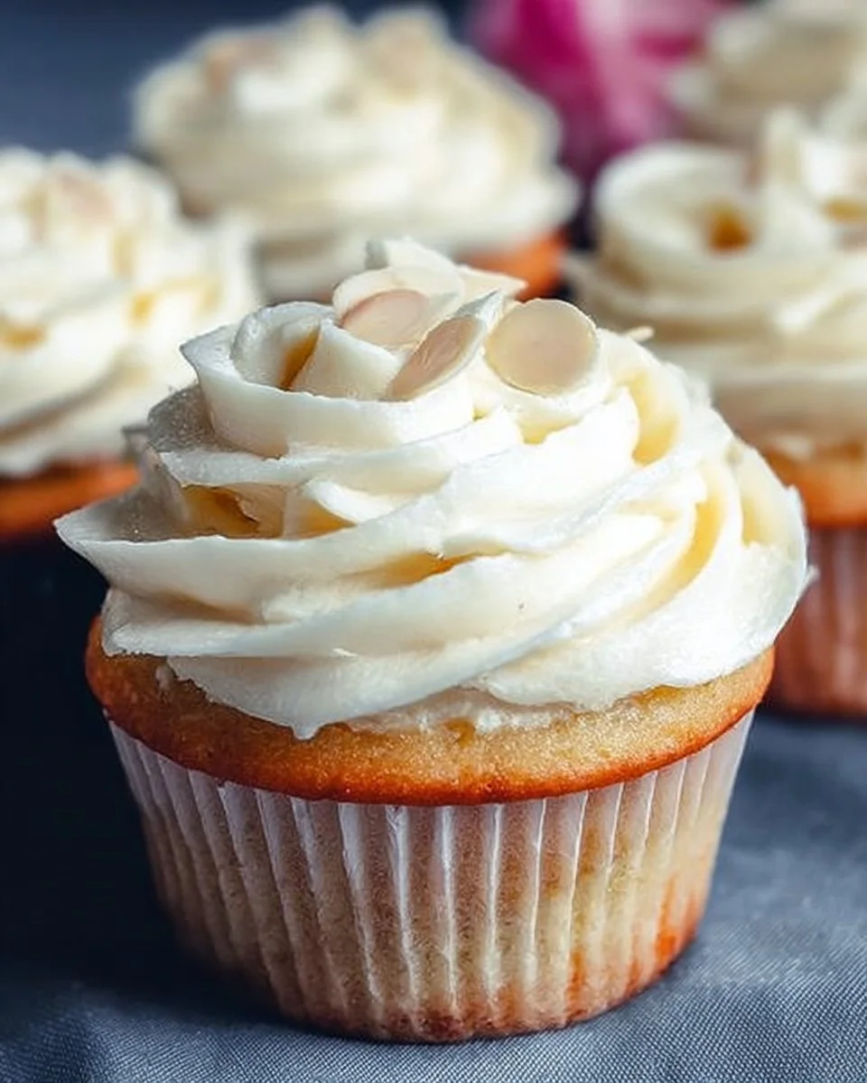 Einfache Mandelcupcakes auf einem weißen Teller dekoriert mit Mandeln
