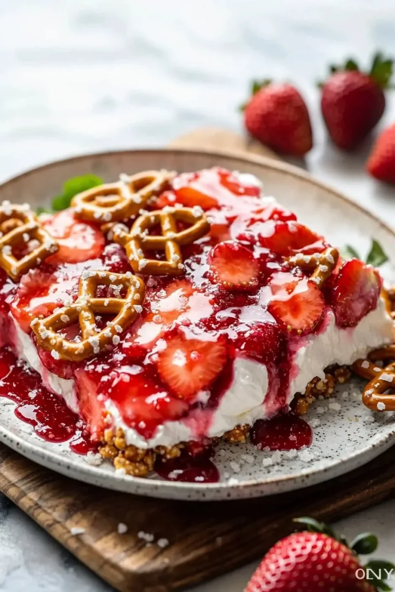 Leckerer Erdbeer-Brezel-Salat in einer Schüssel serviert.