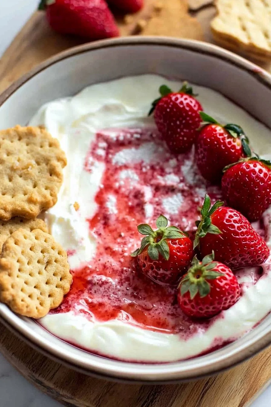 Erdbeer-Käsekuchen-Dip mit frischen Erdbeeren und Käsekuchen-Füllung