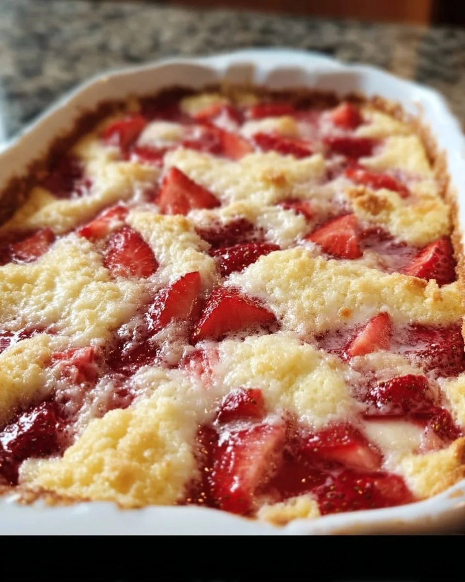 Erdbeer-Käsekuchen-Dump-Kuchen mit frischen Erdbeeren und cremiger Käsekuchenfüllung