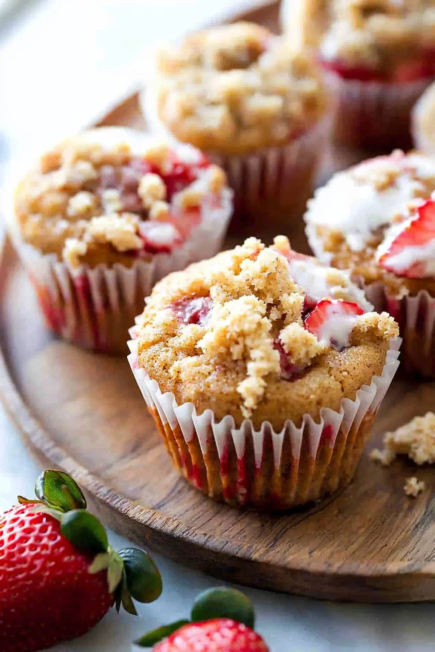 Erdbeerkuchen-Muffins mit frischen Erdbeeren und Sahne auf einem Teller
