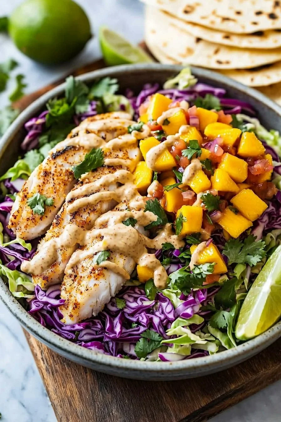 Fisch-Taco-Slaw-Schalen mit Mangosalsa und Chipotle-Aioli